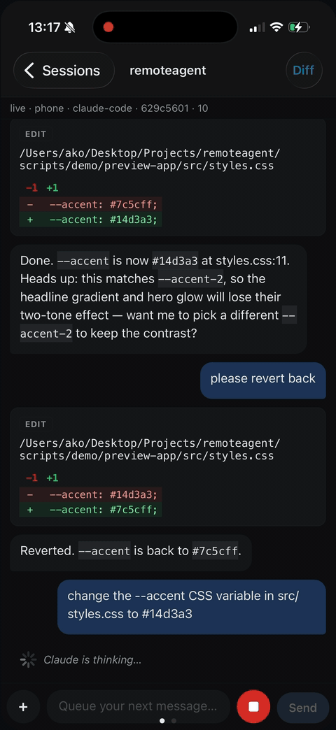 Type a prompt on your phone and watch the dev server reload live, in the same app.